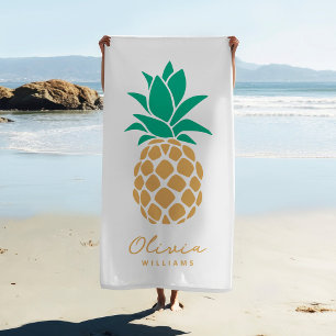 Tropical Pineapple White Custom Name  Beach Towel