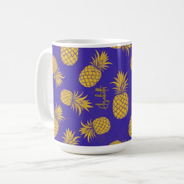 Tropical Pineapple with Name – Watercolor Style Coffee Mug (Front Left)
