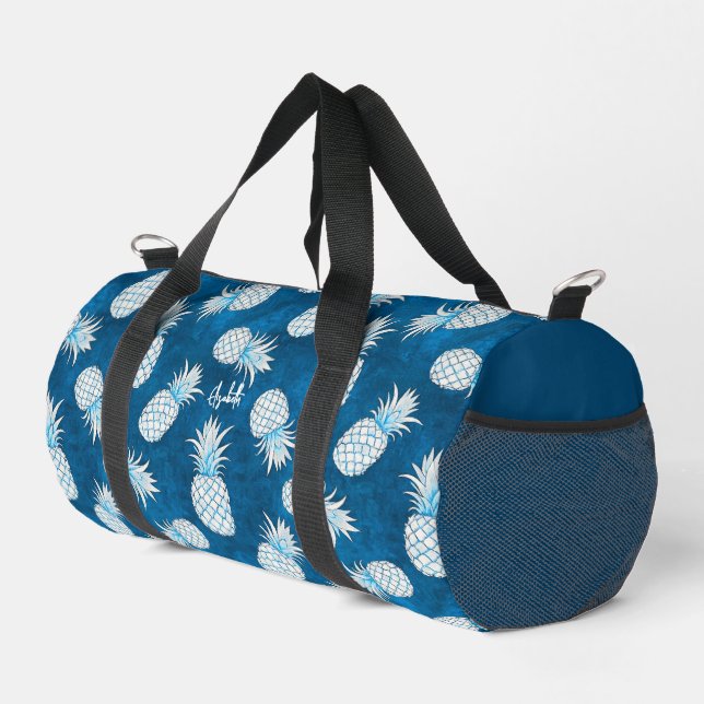 Tropical Pineapple with Name – Watercolor Style Duffle Bag (Right Corner)