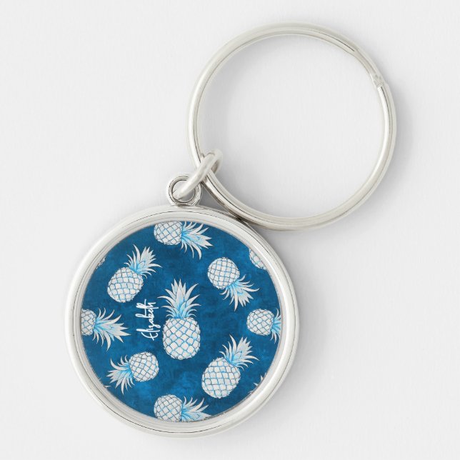 Tropical Pineapple with Name – Watercolor Style Key Ring (Front)