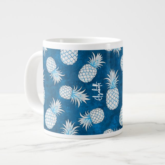 Tropical Pineapple with Name – Watercolor Style Large Coffee Mug (Front Left)