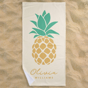 Tropical Pineapple Yellow Custom Name  Beach Towel
