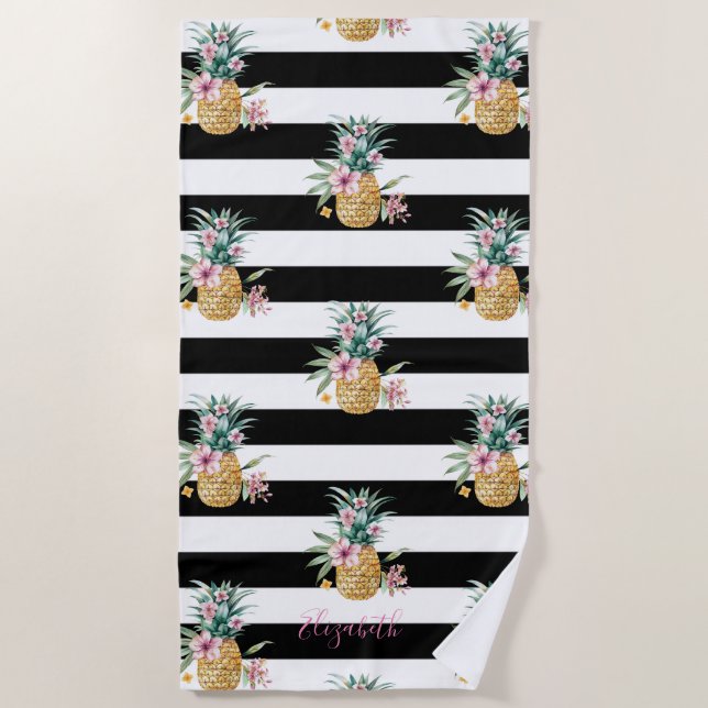 Tropical Pineapples,Black White Stripes   Beach Towel (Front)