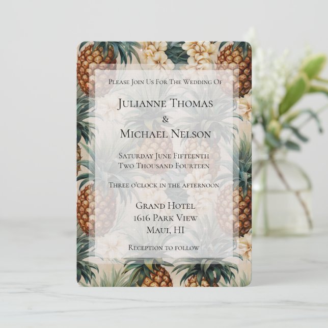 Tropical Pineapples Floral Romantic Wedding Invitation (Standing Front)