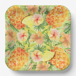 Tropical Pineapples Flowers Greenery Paper Plate