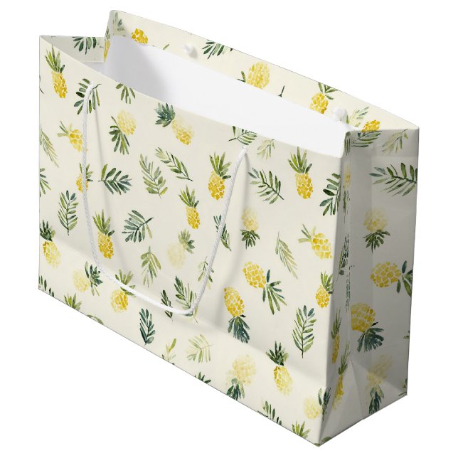 Tropical Pineapples Green Leaves Birthday Large Gift Bag (Front Angled)
