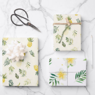 Tropical Pineapples Green Leaves Plumeria Birthday Wrapping Paper Sheet