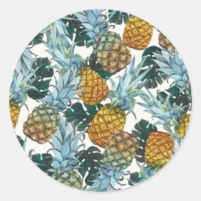 Tropical Pineapples & Leaves Exotic Birthday Party Classic Round Sticker (Front)