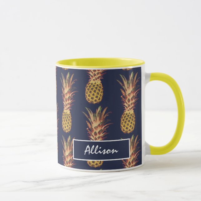 Tropical Pineapples Navy Blue Yellow Personalised Mug (Right)