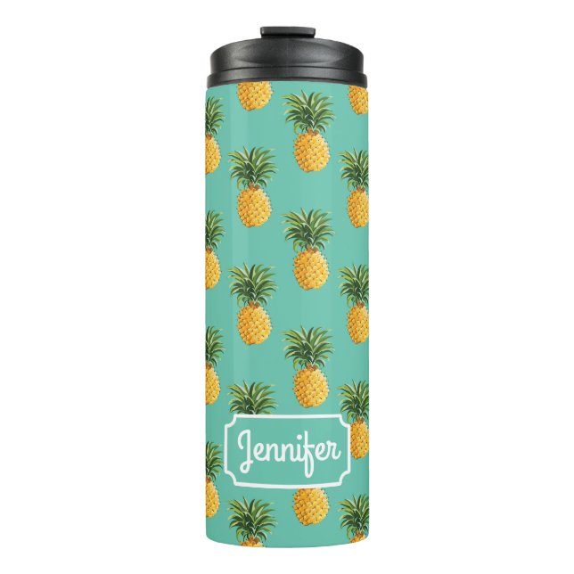 Tropical Pineapples On Teal | Add Your Name Thermal Tumbler (Front)