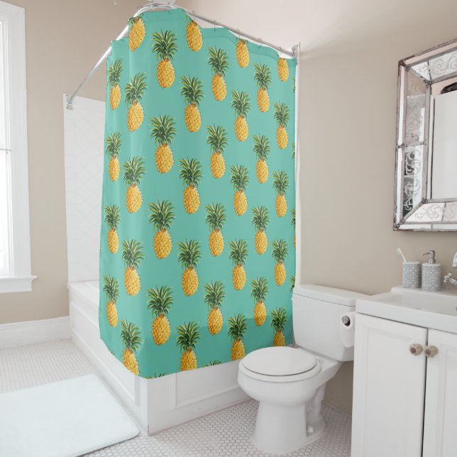 Tropical Pineapples On Teal Shower Curtain (In Situ)