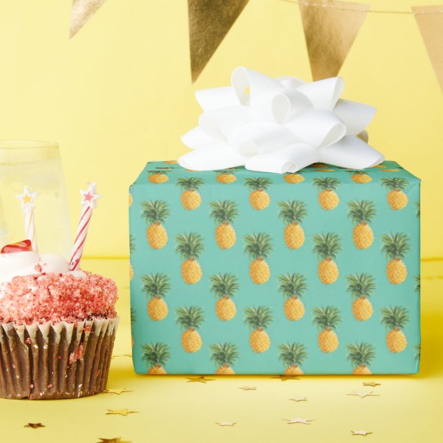 Tropical Pineapples On Teal Wrapping Paper (Birthday Party)