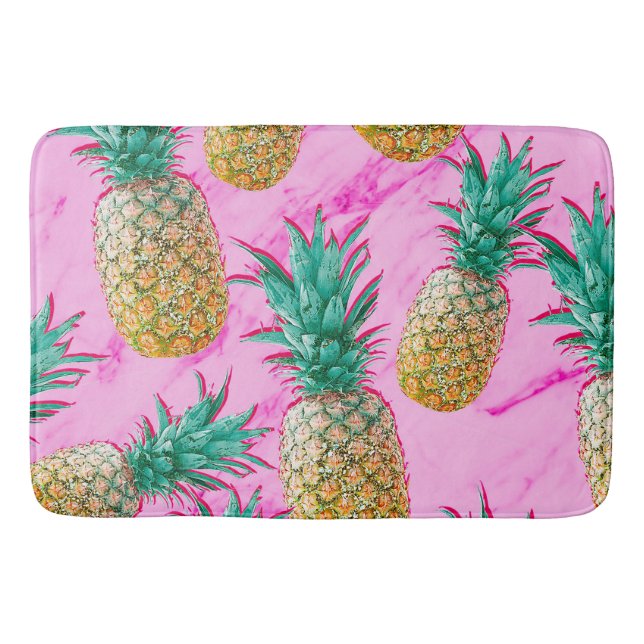 Tropical Pineapples & Pink Marble Modern Colourful Bath Mat (Front)