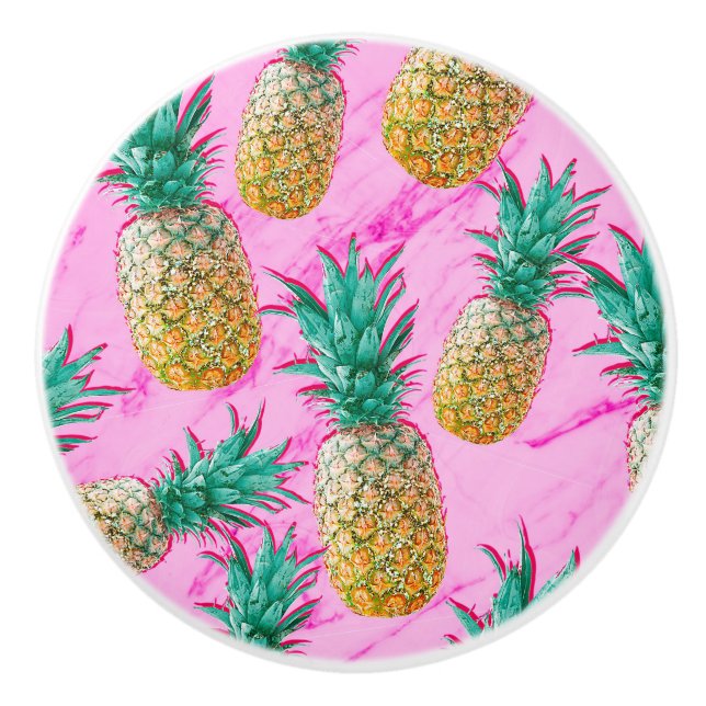 Tropical Pineapples & Pink Marble Modern Colourful Ceramic Knob (Front)