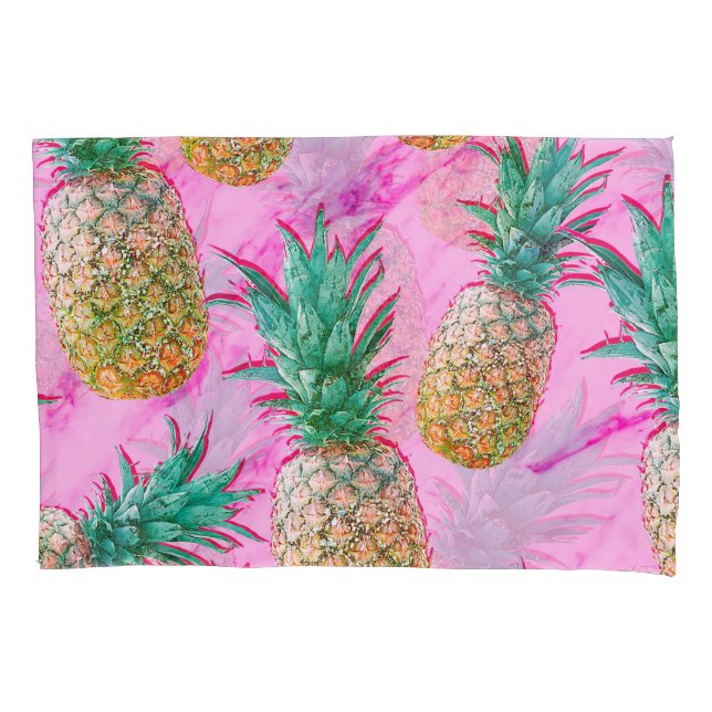 Tropical Pineapples & Pink Marble Modern Colourful Pillowcase (Front)