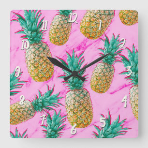 Tropical Pineapples & Pink Marble Modern Colourful Square Wall Clock
