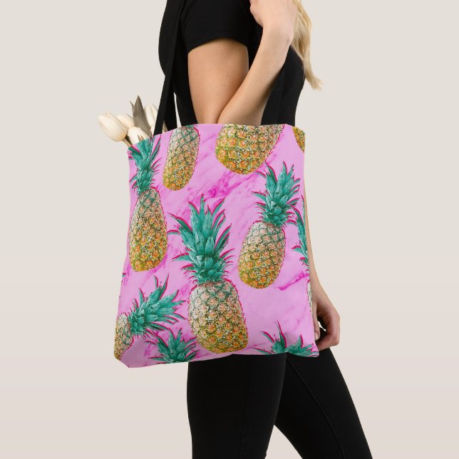 Tropical Pineapples & Pink Marble Modern Colourful Tote Bag (Close Up)