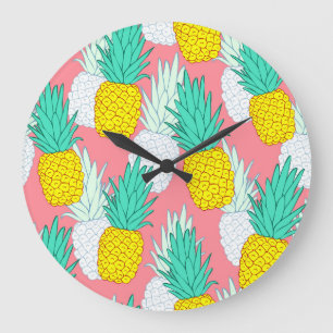 Tropical Pineapples: Red Cartoon Chic. Large Clock