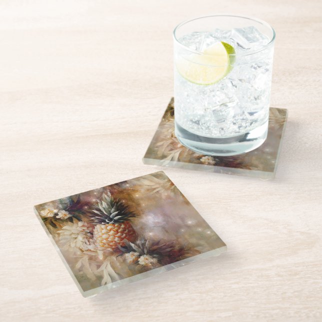 Tropical Pineapples Sparkle Bridal Shower Glass Coaster (Angled)