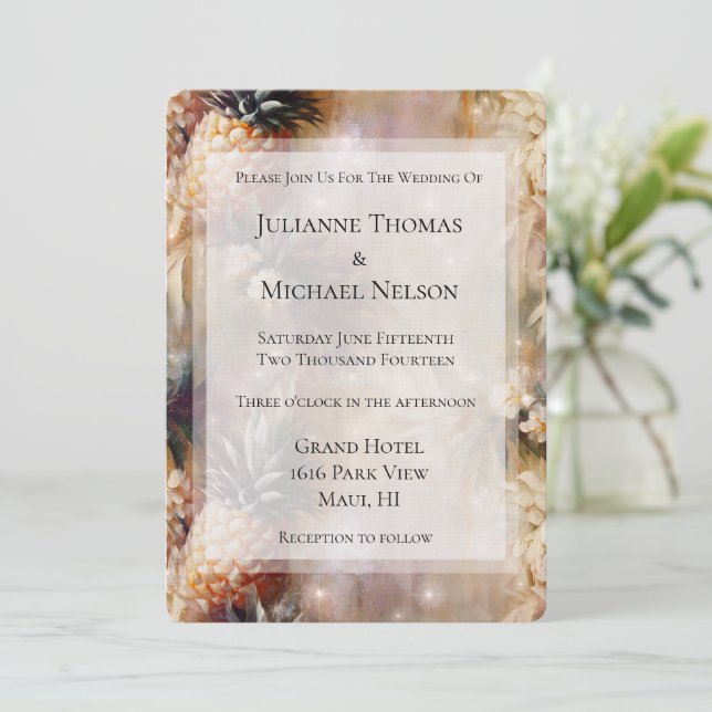Tropical Pineapples Sparkle Romantic Wedding Invitation (Standing Front)