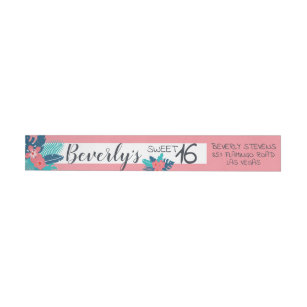 Tropical pink and blue floral sweet 16 wrap around label