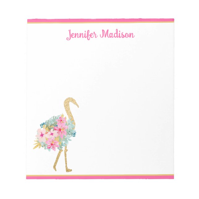 Tropical Pink and Gold Flamingos With Flowers Notepad (Front)