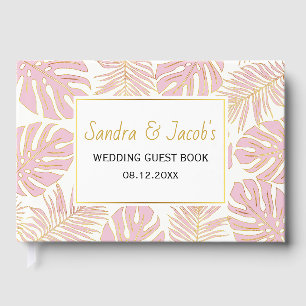Tropical pink and gold leaves modern wedding guest book