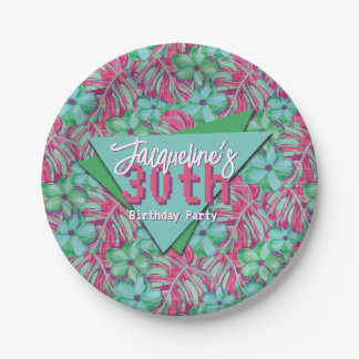 Tropical Pink and Green Floral Birthday Paper Plate