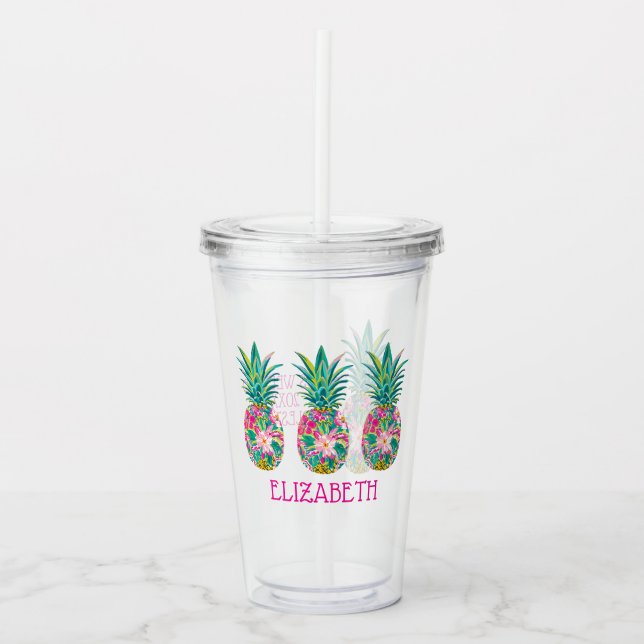 Tropical Pink and Green Floral Pineapple Acrylic Tumbler (Front)