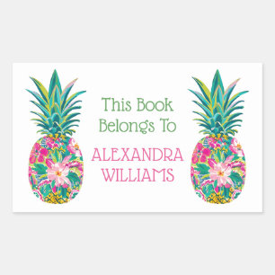 Tropical Pink and Green Floral Pineapple Bookplate Rectangular Sticker