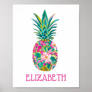 Tropical Pink and Green Floral Pineapple Poster