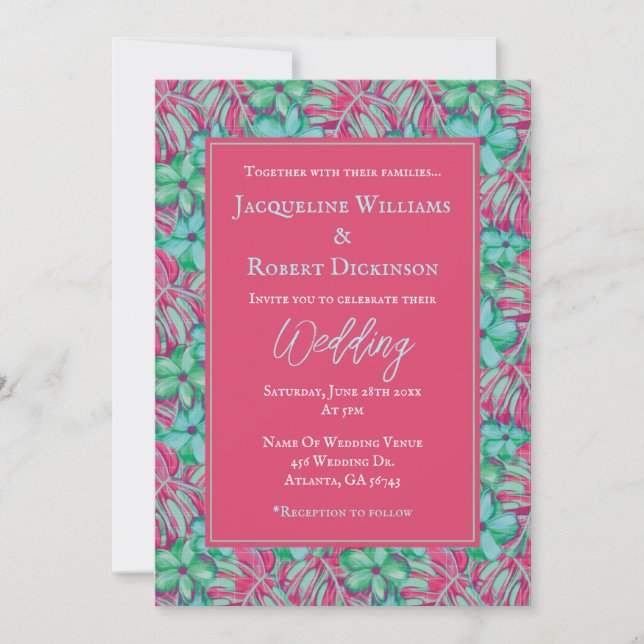 Tropical Pink and Green Floral Wedding Invitation (Front)