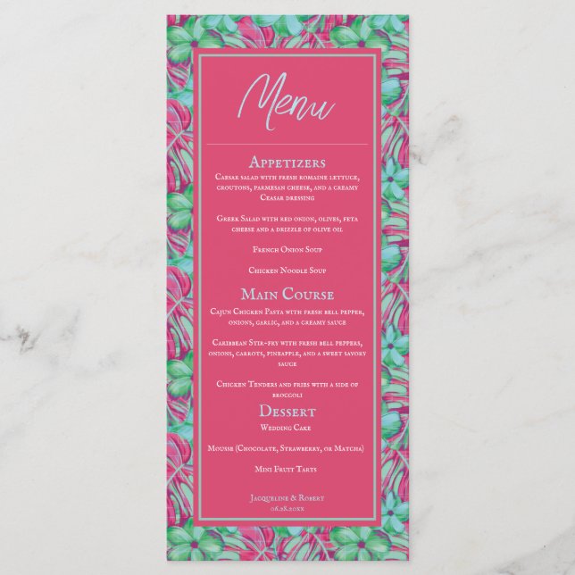 Tropical Pink and Green Floral Wedding Menu (Front)