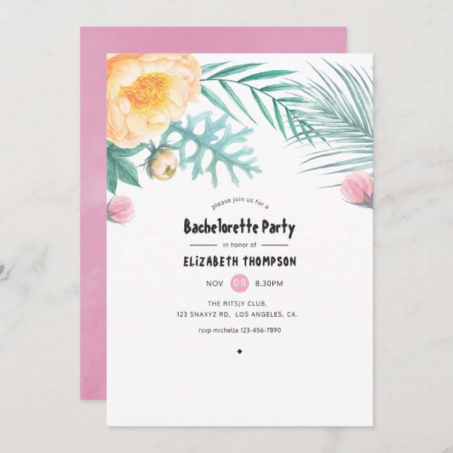 Tropical Pink and Mint Floral Bachelorette Party Invitation (Front/Back)