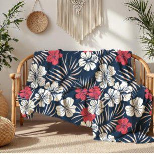 Tropical Pink and Navy Floral Fleece Blanket