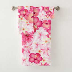 Tropical pink and white flowers bath towel set