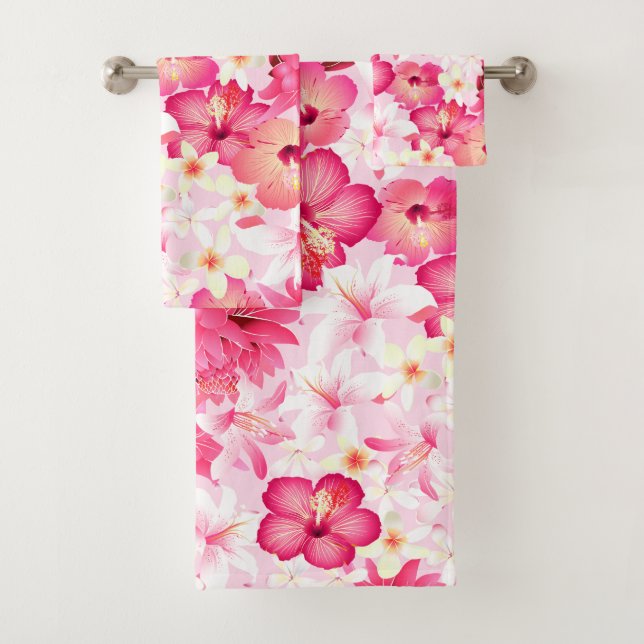 Tropical pink and white flowers bath towel set (Insitu)