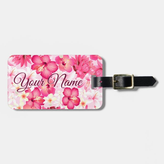 Tropical pink and white flowers luggage tag (Front Horizontal)