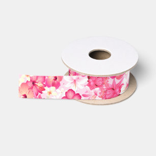 Tropical pink and white flowers satin ribbon