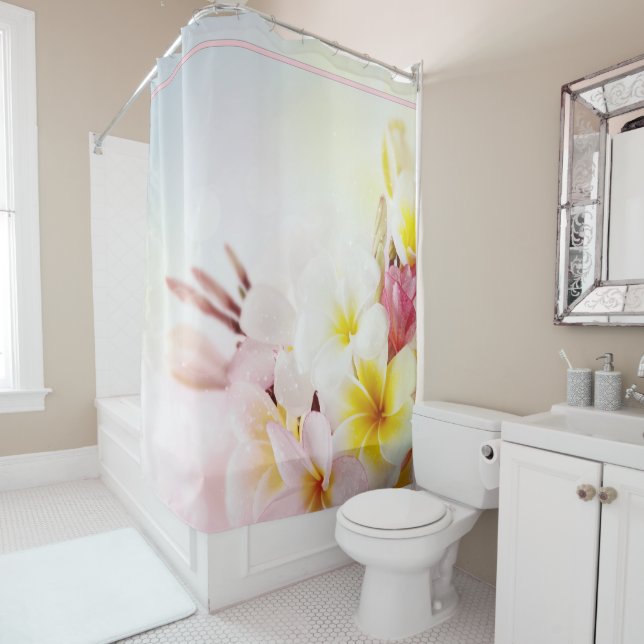 Tropical Pink and White Plumeria Shower Curtain (In Situ)