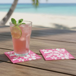 Tropical Pink Beach Flowers Glass Coaster