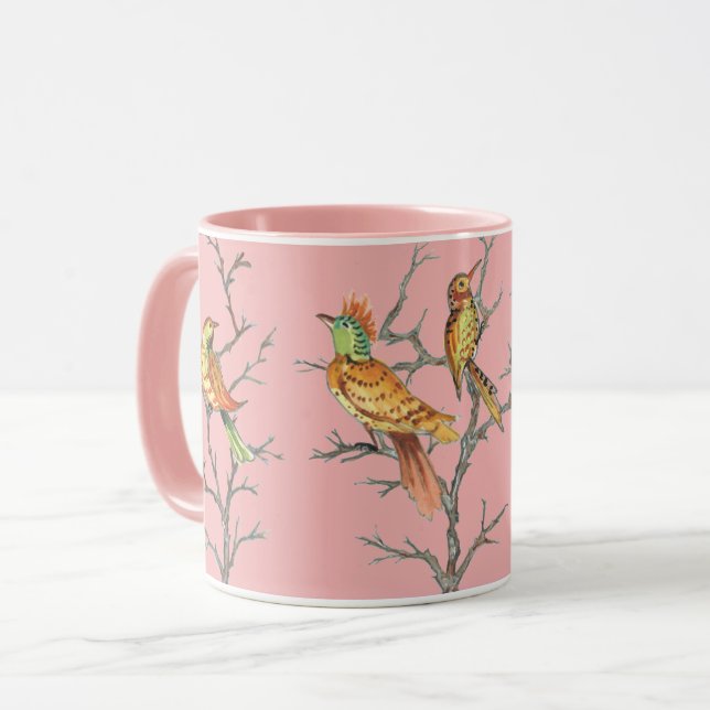 Tropical Pink Birds Branches Chinoiserie Pretty Mug (Front Left)
