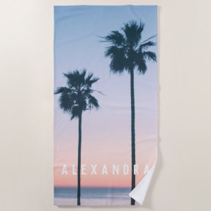 Tropical Pink & Blue Ombre Palm Tree Sunset Name Beach Towel