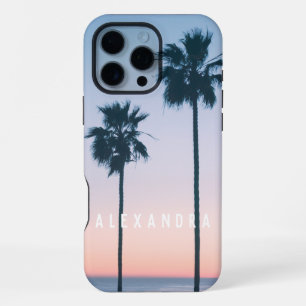 Tropical Pink Blue Palm Tree Sunset Custom iPhone 16 Pro Max Case