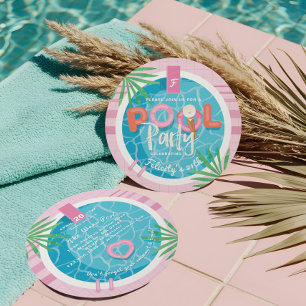 Tropical Pink & Blue Summer Birthday Pool Party Invitation