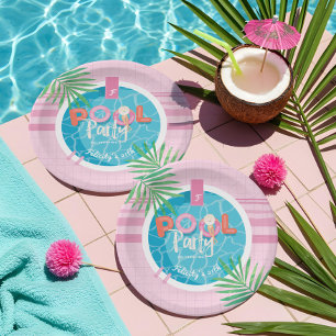 Tropical Pink & Blue Summer Birthday Pool Party Paper Plate