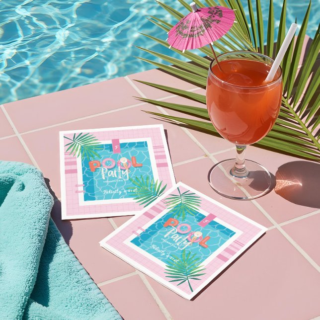 Tropical Pink & Blue Tropical Birthday Pool Party Napkin (Tropical Pink & Blue Tropical Birthday Pool Party Napkins)