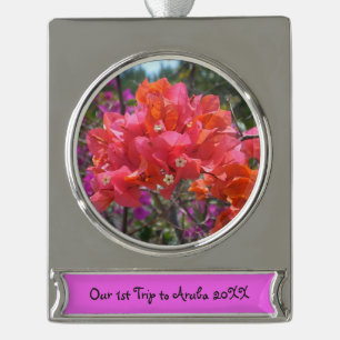 Tropical Pink Bougainvillea Island Floral Silver Plated Banner Ornament