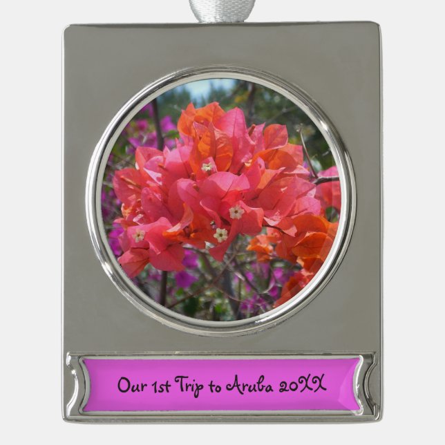 Tropical Pink Bougainvillea Island Floral Silver Plated Banner Ornament (Front)