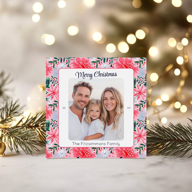 Tropical Pink Christmas Floral Photo Holiday Card (Tropical Pink Floral Christmas Card)